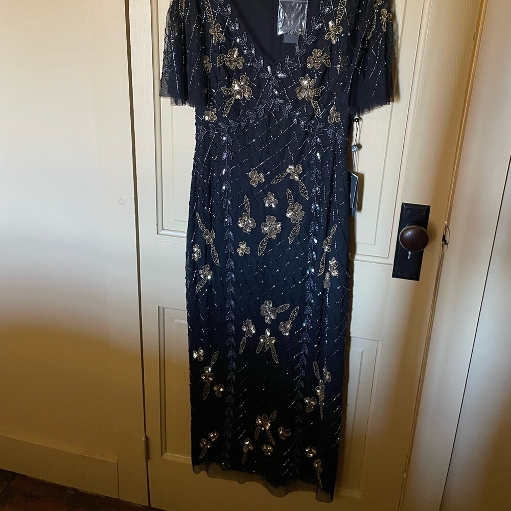 Adrianna Papell Black and Gold Embellished Midi Dress